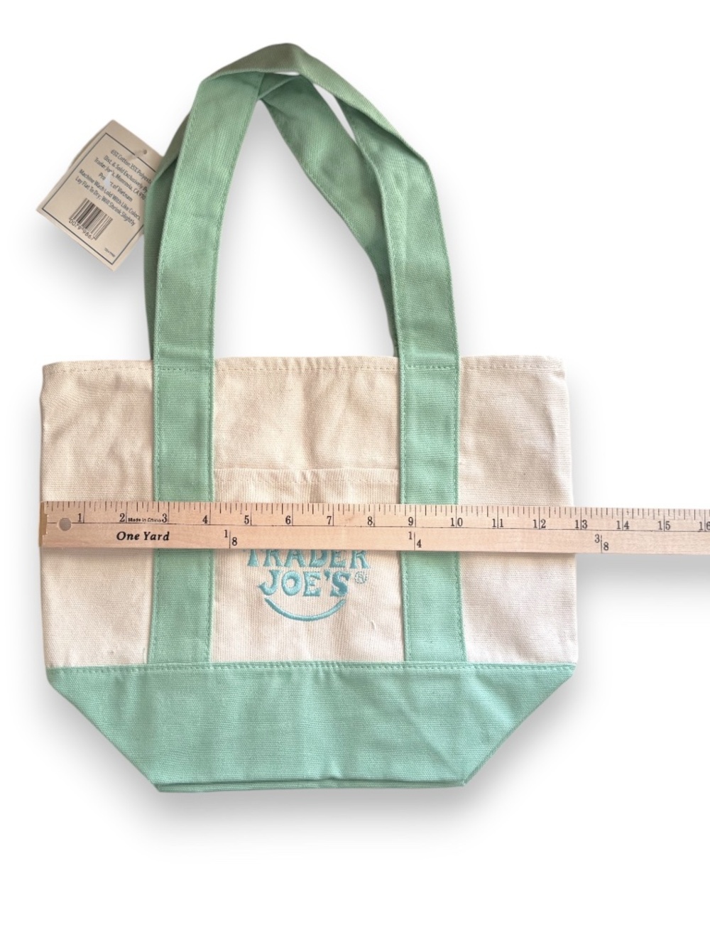 TRADER JOE'S Mini Pastel Canvas Tote Bag Teal NWT - Picture 5 of 7